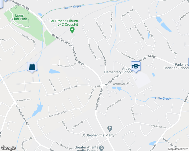 map of restaurants, bars, coffee shops, grocery stores, and more near 197 Rockbridge Road Southwest in Lilburn