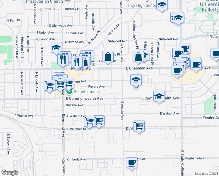 map of restaurants, bars, coffee shops, grocery stores, and more near 217 North Harrington Drive in Fullerton