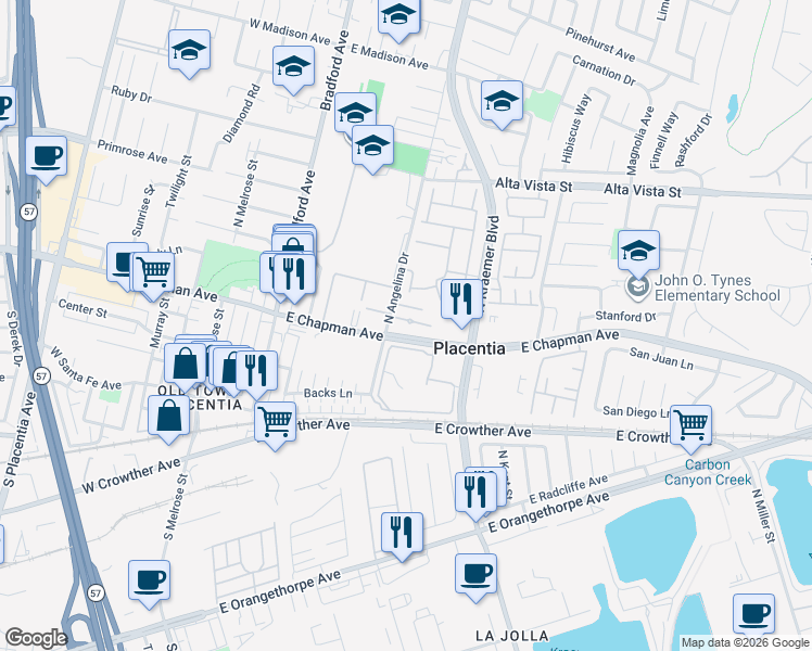 map of restaurants, bars, coffee shops, grocery stores, and more near in Placentia