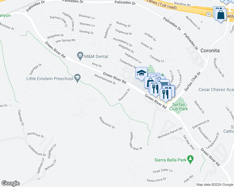 map of restaurants, bars, coffee shops, grocery stores, and more near 1260 Highcliff Circle in Corona