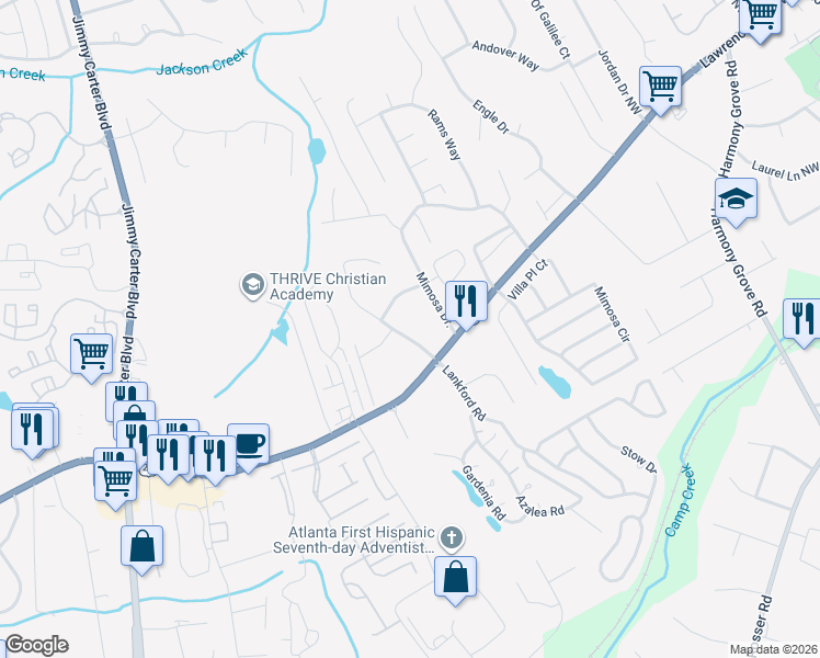 map of restaurants, bars, coffee shops, grocery stores, and more near 233 Linda Drive Northwest in Tucker