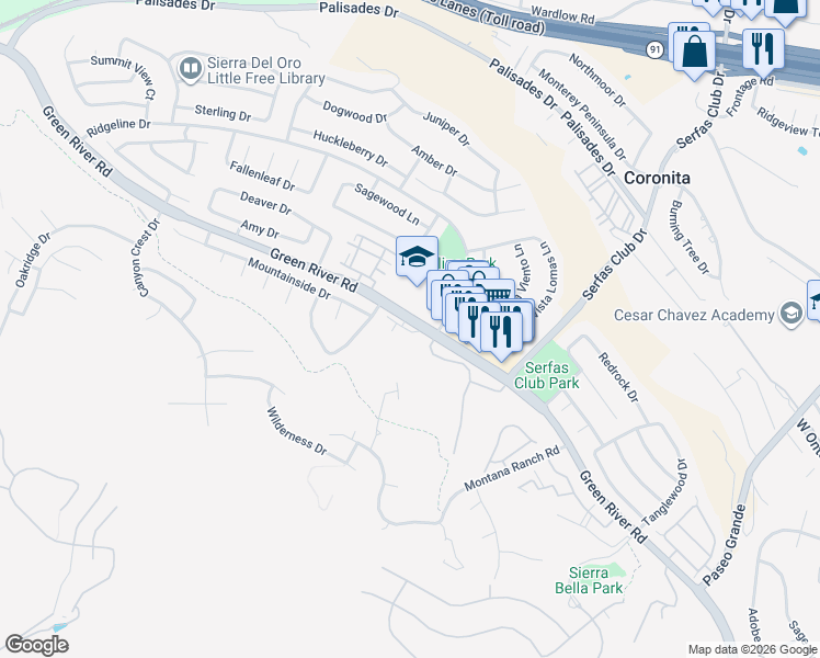 map of restaurants, bars, coffee shops, grocery stores, and more near 2802 Green River Road in Corona