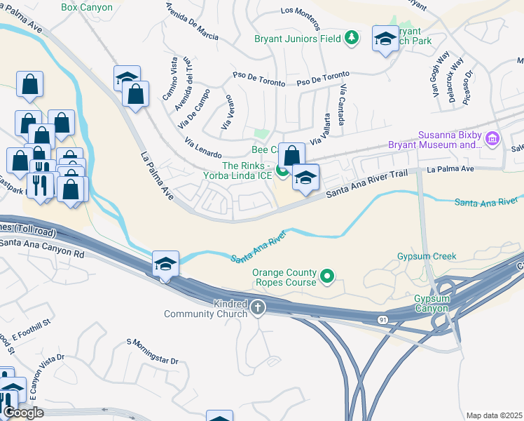 map of restaurants, bars, coffee shops, grocery stores, and more near 23482 Cambridge Road in Yorba Linda