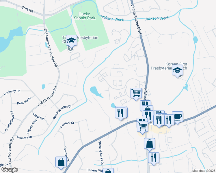 map of restaurants, bars, coffee shops, grocery stores, and more near 100 Hunters Club Lane in Norcross