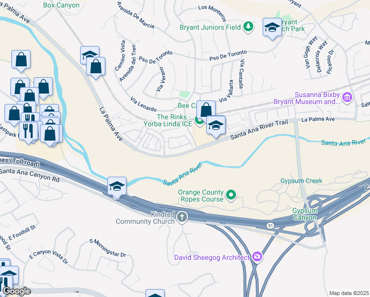map of restaurants, bars, coffee shops, grocery stores, and more near 23482 Cambridge Road in Yorba Linda