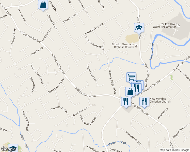 map of restaurants, bars, coffee shops, grocery stores, and more near 882 Cedar Trce Southwest in Lilburn