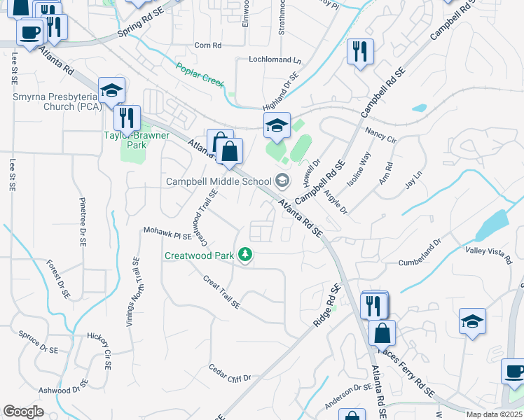 map of restaurants, bars, coffee shops, grocery stores, and more near 3463 Vintage Circle Southeast in Smyrna