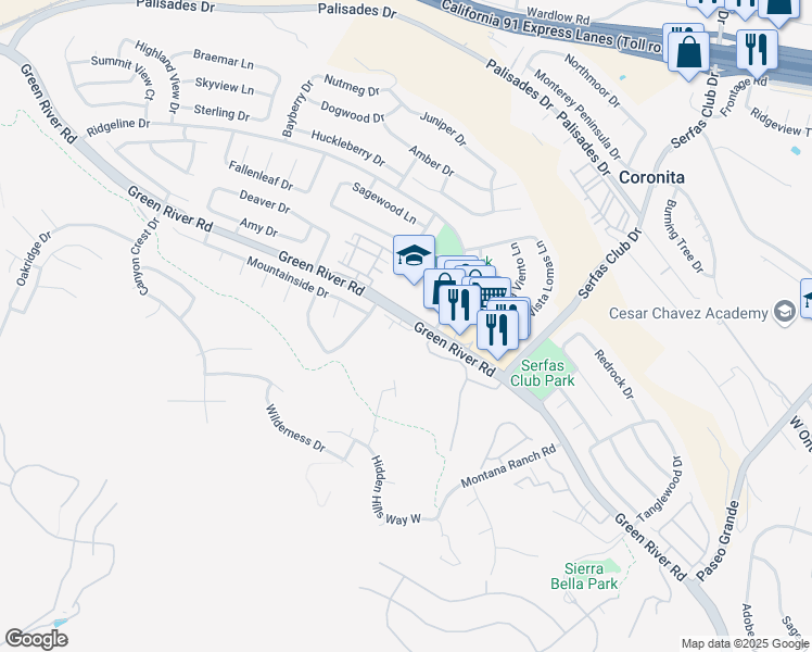 map of restaurants, bars, coffee shops, grocery stores, and more near 2802 Green River Road in Corona