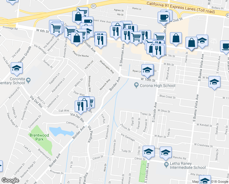 map of restaurants, bars, coffee shops, grocery stores, and more near 1097 Border Avenue in Corona