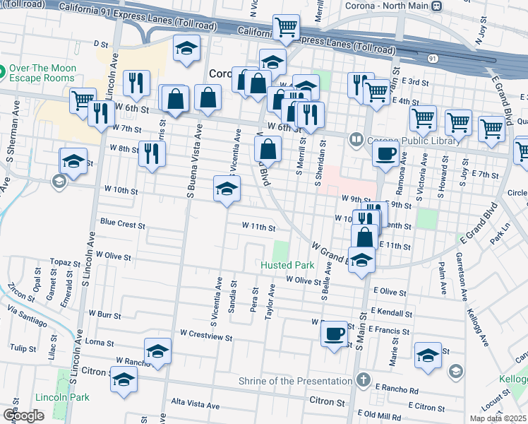 map of restaurants, bars, coffee shops, grocery stores, and more near 612 West 10th Street in Corona
