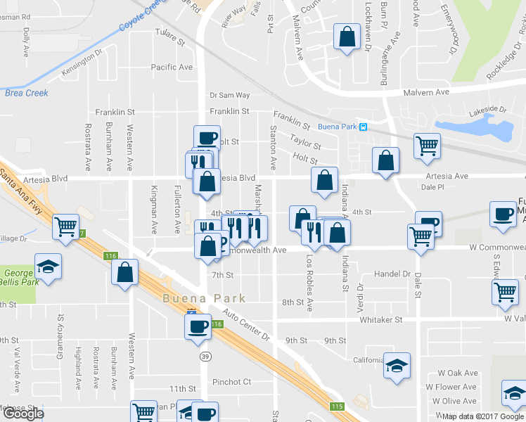 map of restaurants, bars, coffee shops, grocery stores, and more near 7905 4th Street in Buena Park