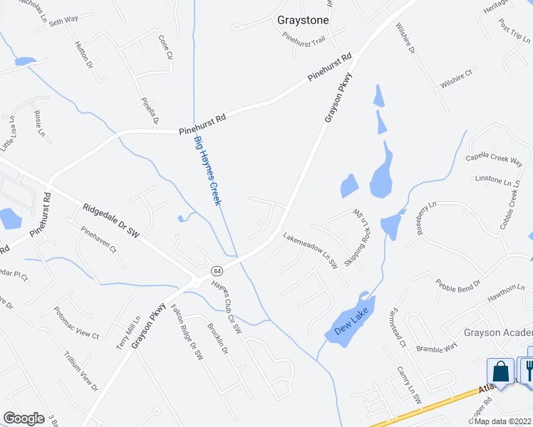 map of restaurants, bars, coffee shops, grocery stores, and more near 1325 Haynes Trace Court Southwest in Grayson