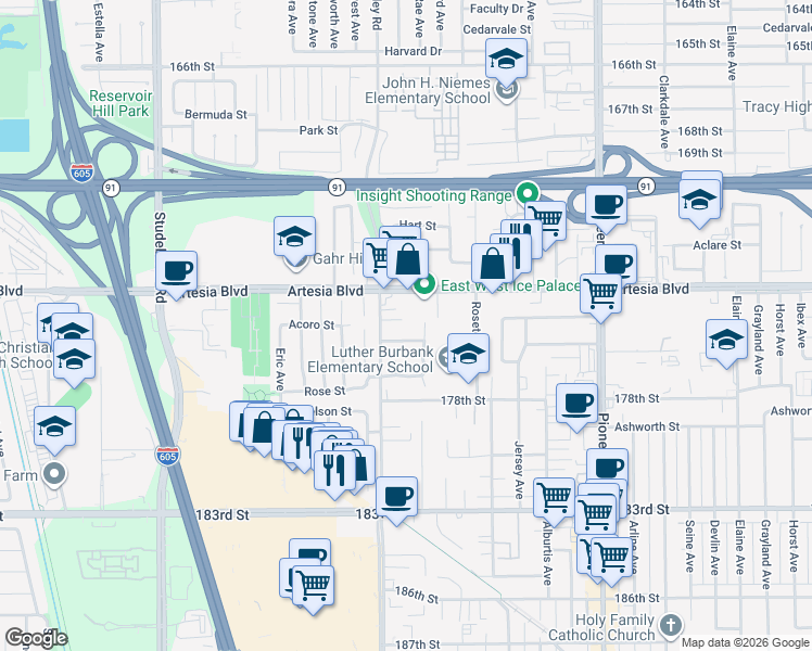 map of restaurants, bars, coffee shops, grocery stores, and more near 11413 176th Street in Artesia
