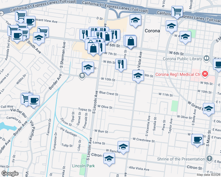 map of restaurants, bars, coffee shops, grocery stores, and more near 1027 Blue Crest Street in Corona