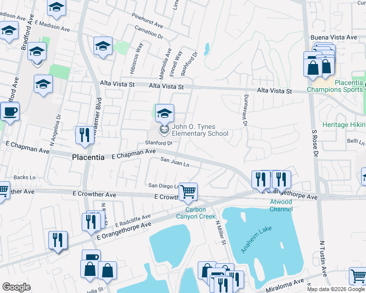 map of restaurants, bars, coffee shops, grocery stores, and more near 760 Stanford Circle in Placentia