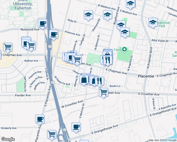 map of restaurants, bars, coffee shops, grocery stores, and more near 133 South Melrose Street in Placentia