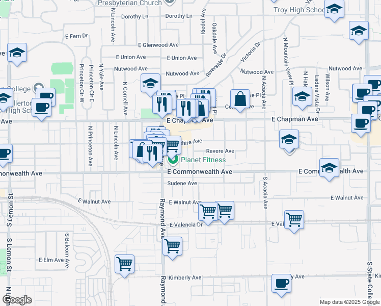 map of restaurants, bars, coffee shops, grocery stores, and more near 125 North Montague Avenue in Fullerton