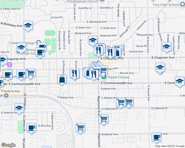 map of restaurants, bars, coffee shops, grocery stores, and more near 143 Raymond Avenue in Fullerton