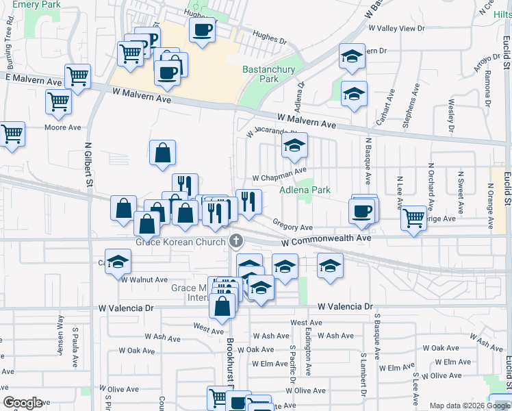 map of restaurants, bars, coffee shops, grocery stores, and more near 1944 Gregory Avenue in Fullerton
