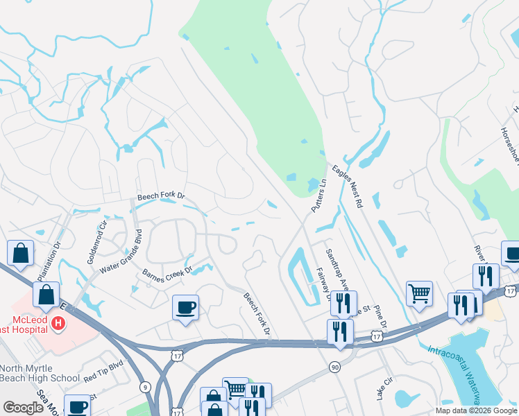map of restaurants, bars, coffee shops, grocery stores, and more near 461 Spauldingwood Road in Little River