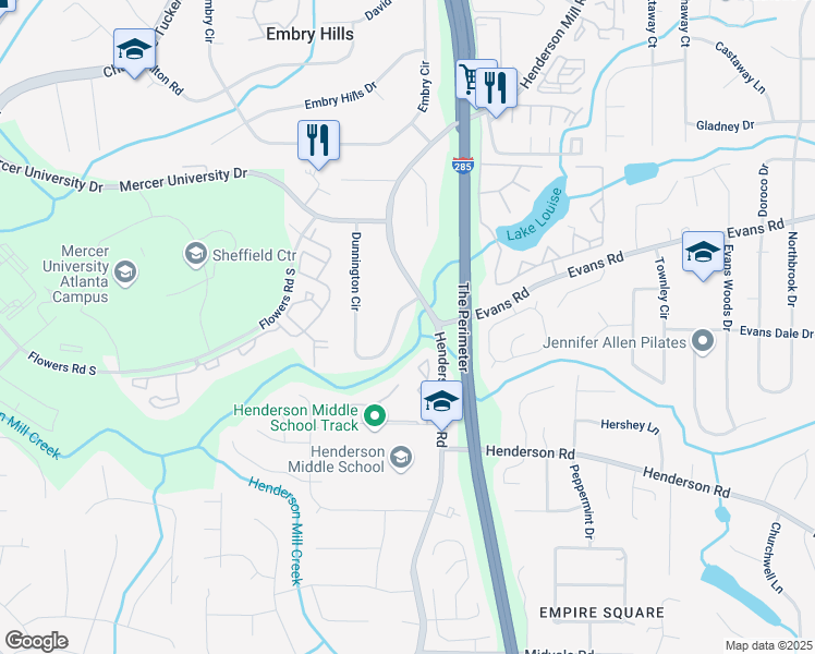 map of restaurants, bars, coffee shops, grocery stores, and more near 2772 Dunnington Circle in Atlanta