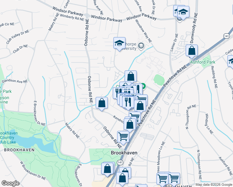 map of restaurants, bars, coffee shops, grocery stores, and more near 1105 Town Boulevard in Brookhaven