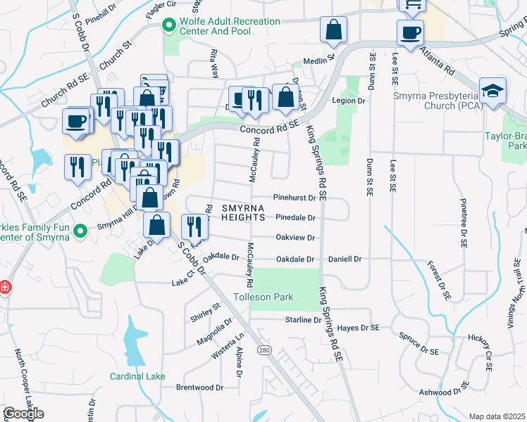 map of restaurants, bars, coffee shops, grocery stores, and more near 1079 Pinedale Drive in Smyrna