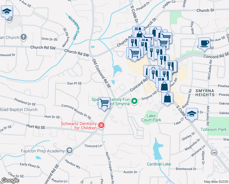 map of restaurants, bars, coffee shops, grocery stores, and more near 613 Concord Road Southeast in Smyrna