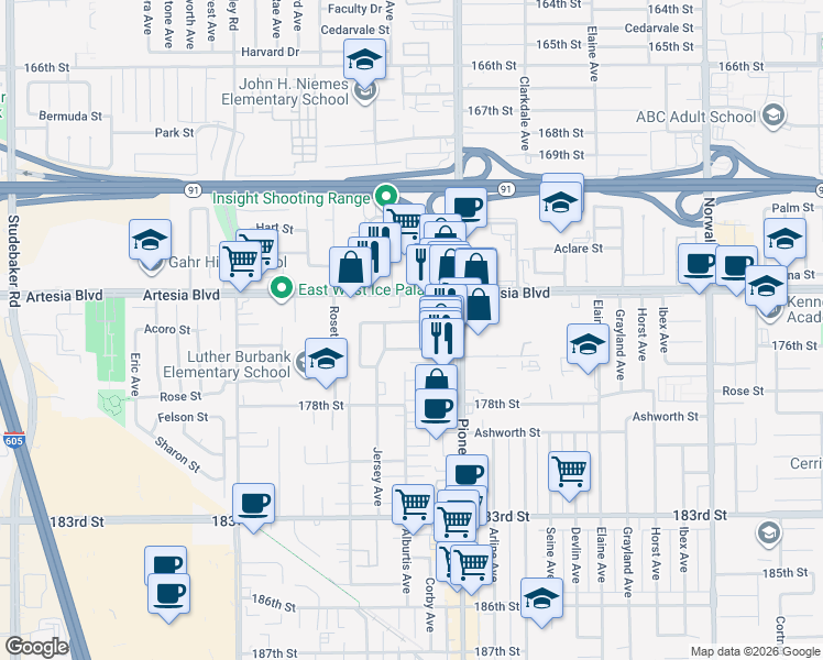 map of restaurants, bars, coffee shops, grocery stores, and more near 11653 176th Street in Artesia