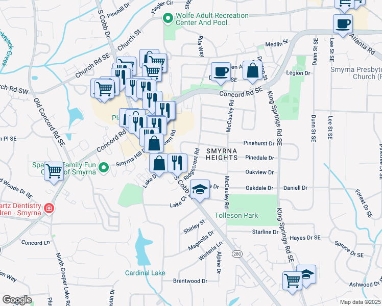 map of restaurants, bars, coffee shops, grocery stores, and more near 957 Sharon Circle Southeast in Smyrna