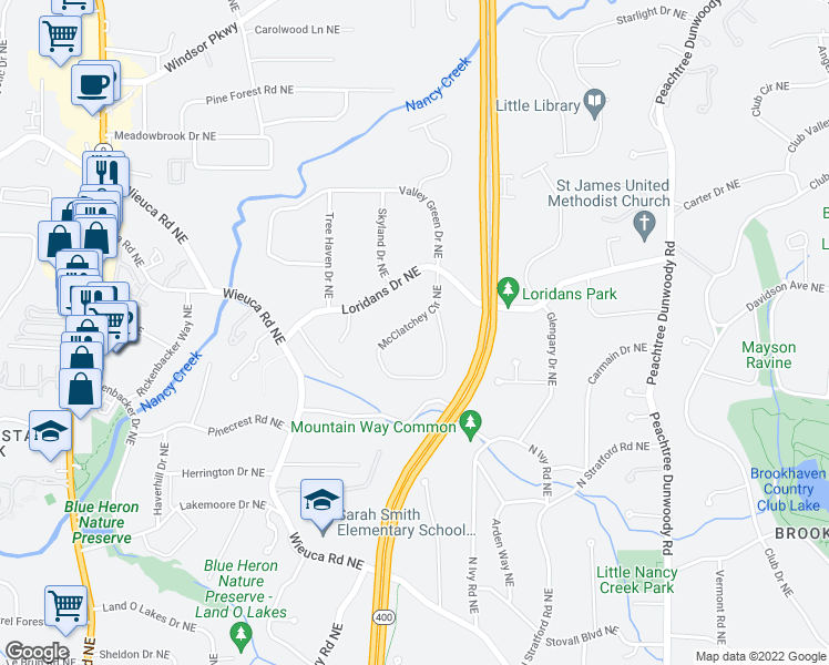map of restaurants, bars, coffee shops, grocery stores, and more near 4044 McClatchey Circle Northeast in Atlanta