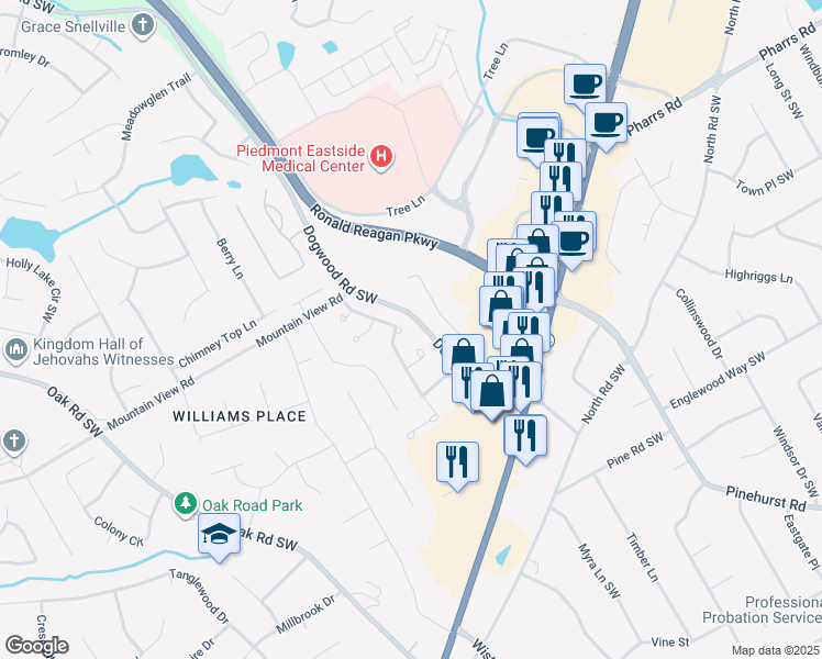 map of restaurants, bars, coffee shops, grocery stores, and more near 2313 Blackberry Court in Snellville