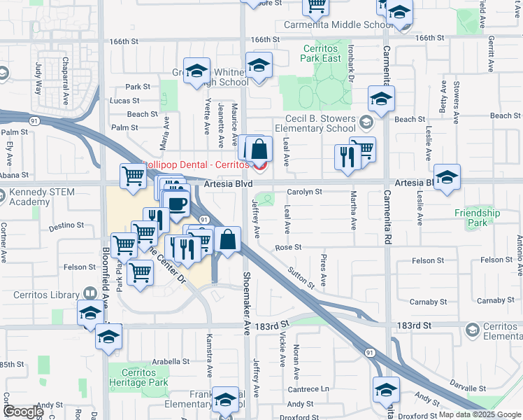 map of restaurants, bars, coffee shops, grocery stores, and more near 13028 Acoro Street in Cerritos