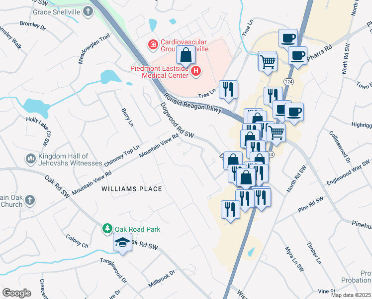 map of restaurants, bars, coffee shops, grocery stores, and more near 2305 Burlington Lane in Snellville