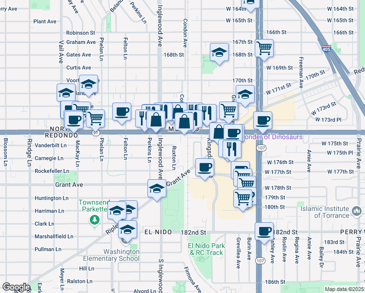 map of restaurants, bars, coffee shops, grocery stores, and more near 2750 Artesia Boulevard in Redondo Beach