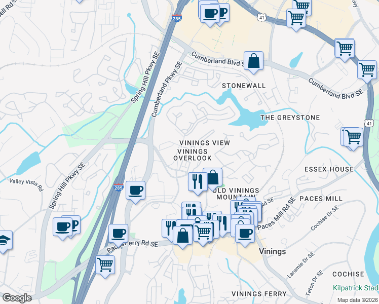 map of restaurants, bars, coffee shops, grocery stores, and more near 2794 Loftview Square in Atlanta