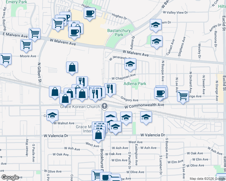 map of restaurants, bars, coffee shops, grocery stores, and more near 1944 Gregory Avenue in Fullerton
