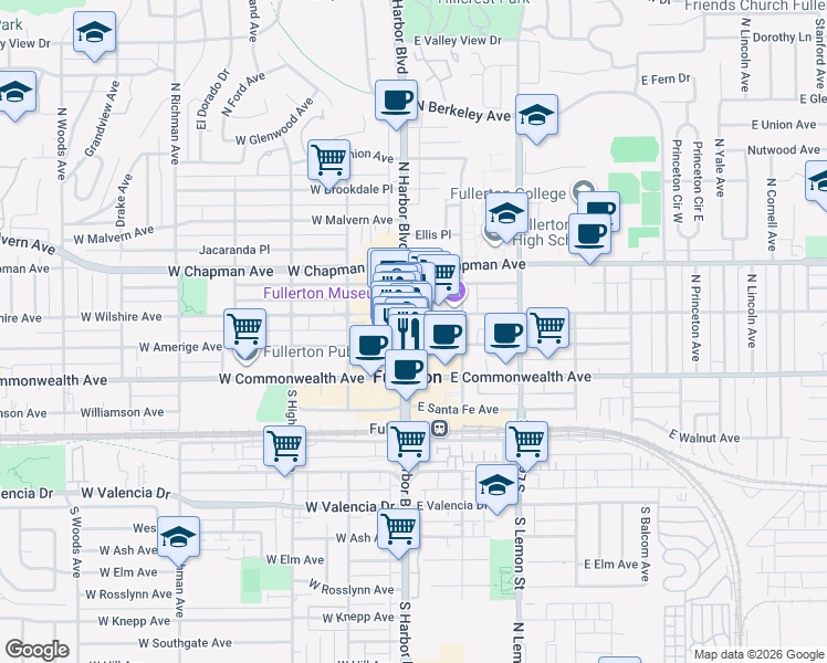 map of restaurants, bars, coffee shops, grocery stores, and more near 112 North Harbor Boulevard in Fullerton