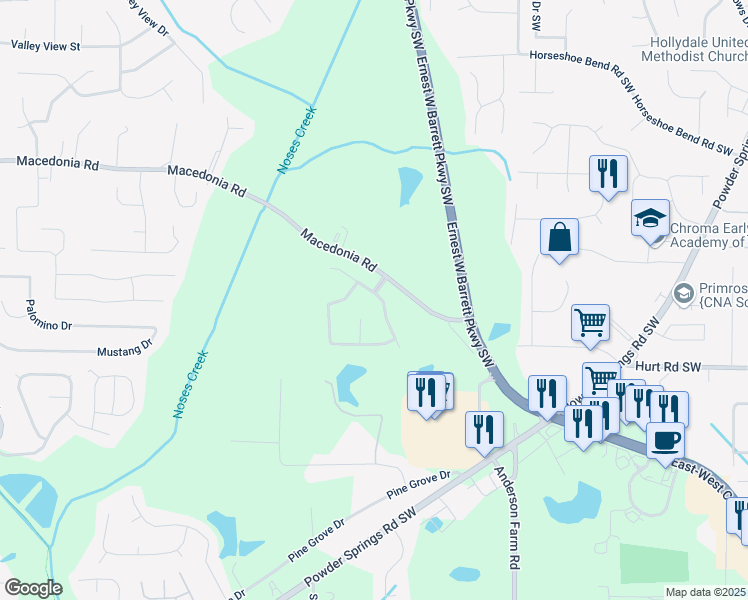 map of restaurants, bars, coffee shops, grocery stores, and more near 3415 Chancellors Drive in Powder Springs