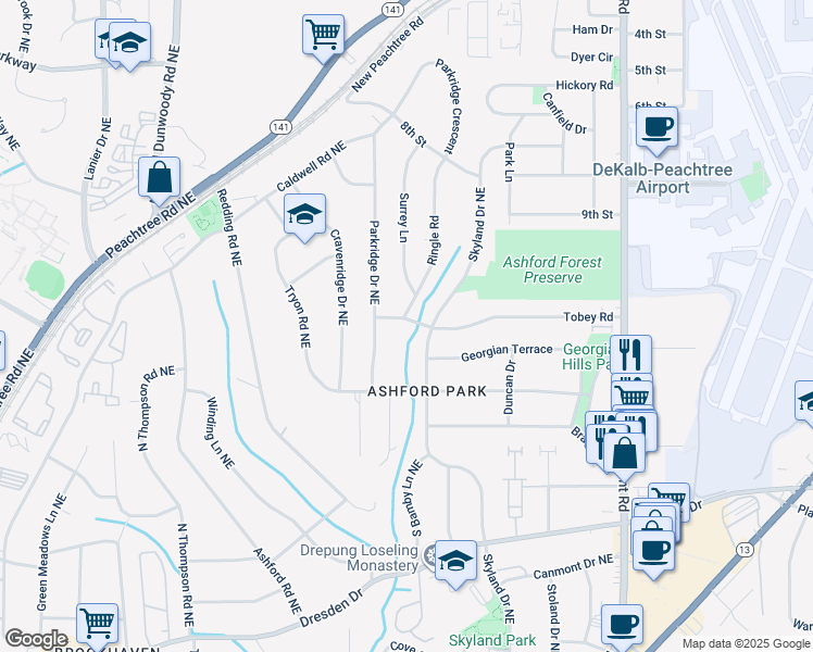 map of restaurants, bars, coffee shops, grocery stores, and more near 1739 Tobey Road in Chamblee