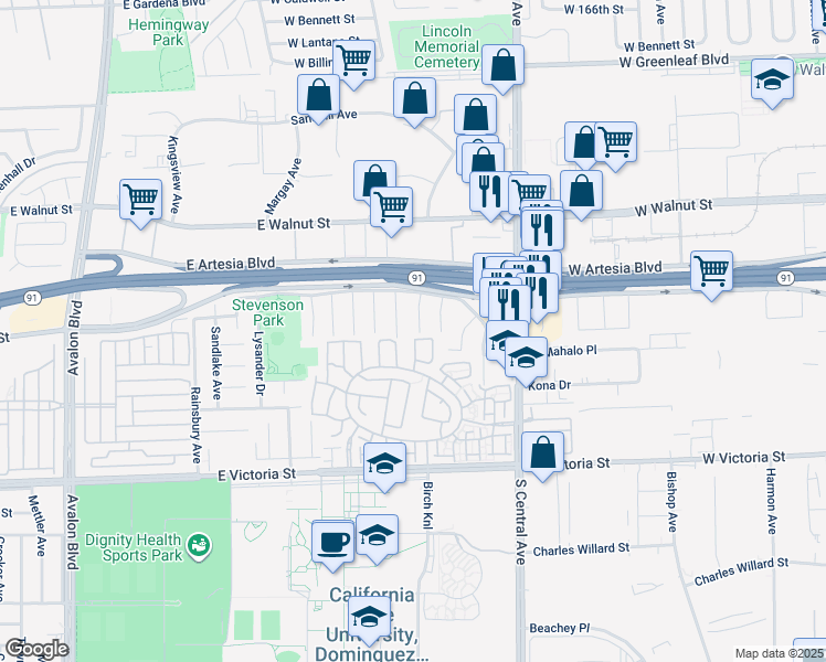 map of restaurants, bars, coffee shops, grocery stores, and more near 17513 Keene Avenue in Carson