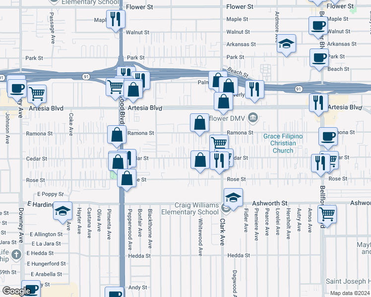 map of restaurants, bars, coffee shops, grocery stores, and more near 9118 Cedar Street in Bellflower