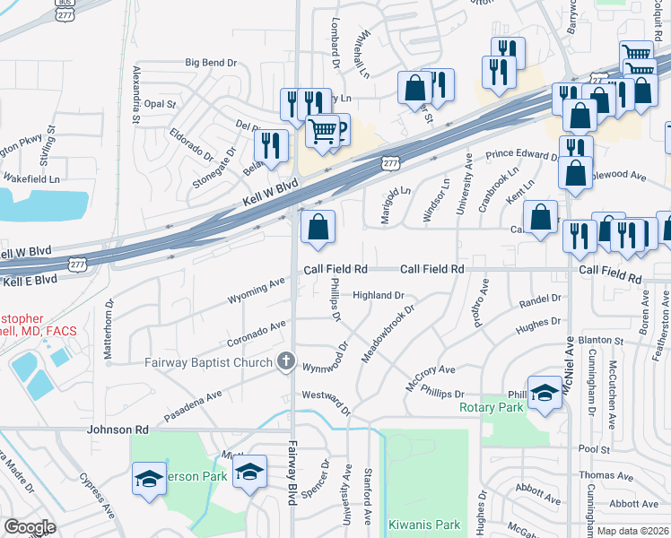 map of restaurants, bars, coffee shops, grocery stores, and more near 4498 Phillips Drive in Wichita Falls