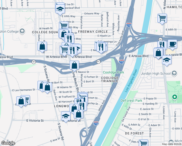 map of restaurants, bars, coffee shops, grocery stores, and more near 236 East Neece Street in Long Beach