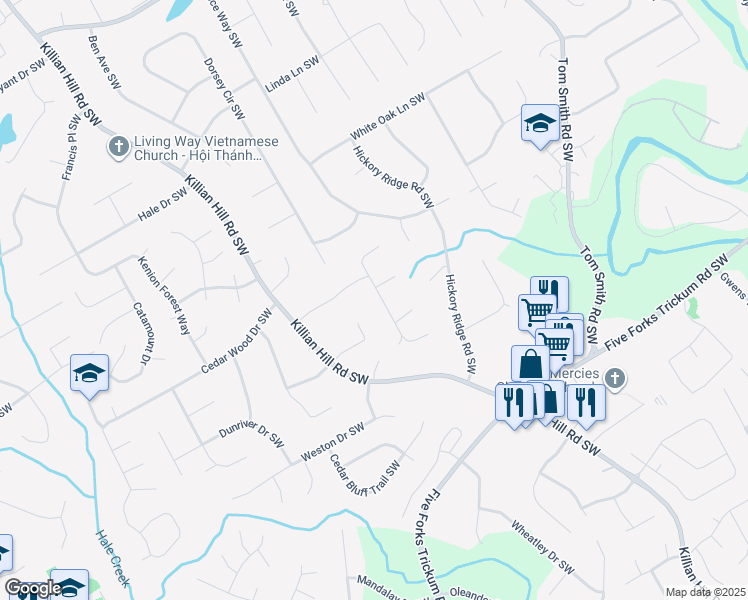 map of restaurants, bars, coffee shops, grocery stores, and more near 882 Cedar Trce Southwest in Lilburn