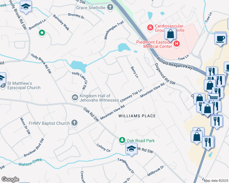 map of restaurants, bars, coffee shops, grocery stores, and more near 2574 Bridgewood Lane in Snellville