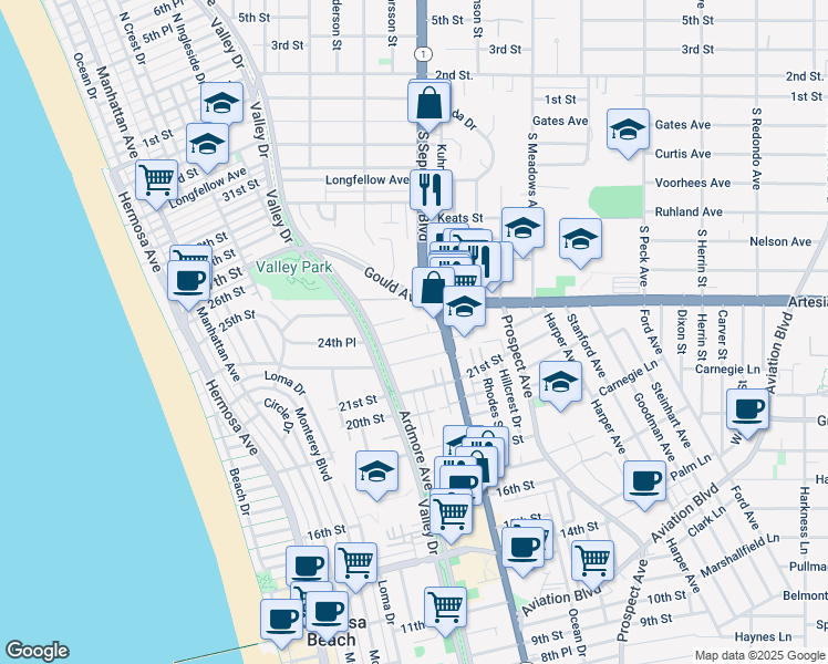 map of restaurants, bars, coffee shops, grocery stores, and more near 707 24th Place in Hermosa Beach