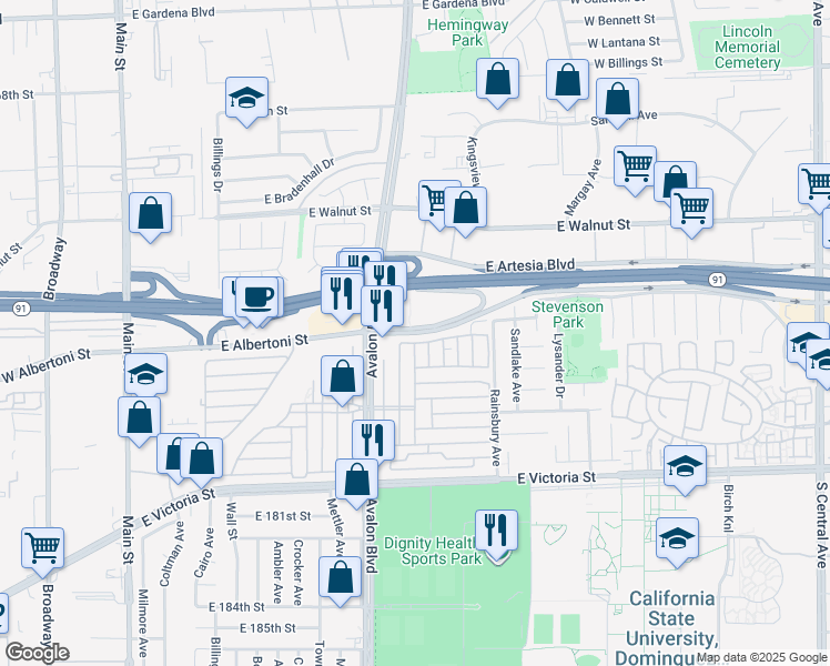map of restaurants, bars, coffee shops, grocery stores, and more near 0 East Albertoni Street in Carson