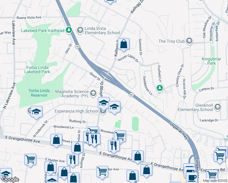 map of restaurants, bars, coffee shops, grocery stores, and more near 1900 North Pinecove Circle in Anaheim