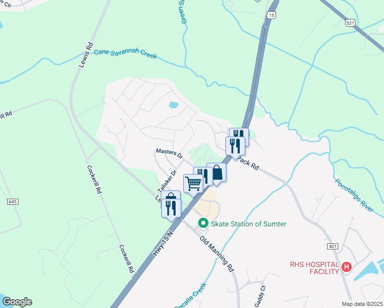 map of restaurants, bars, coffee shops, grocery stores, and more near 100 Masters Drive in Sumter